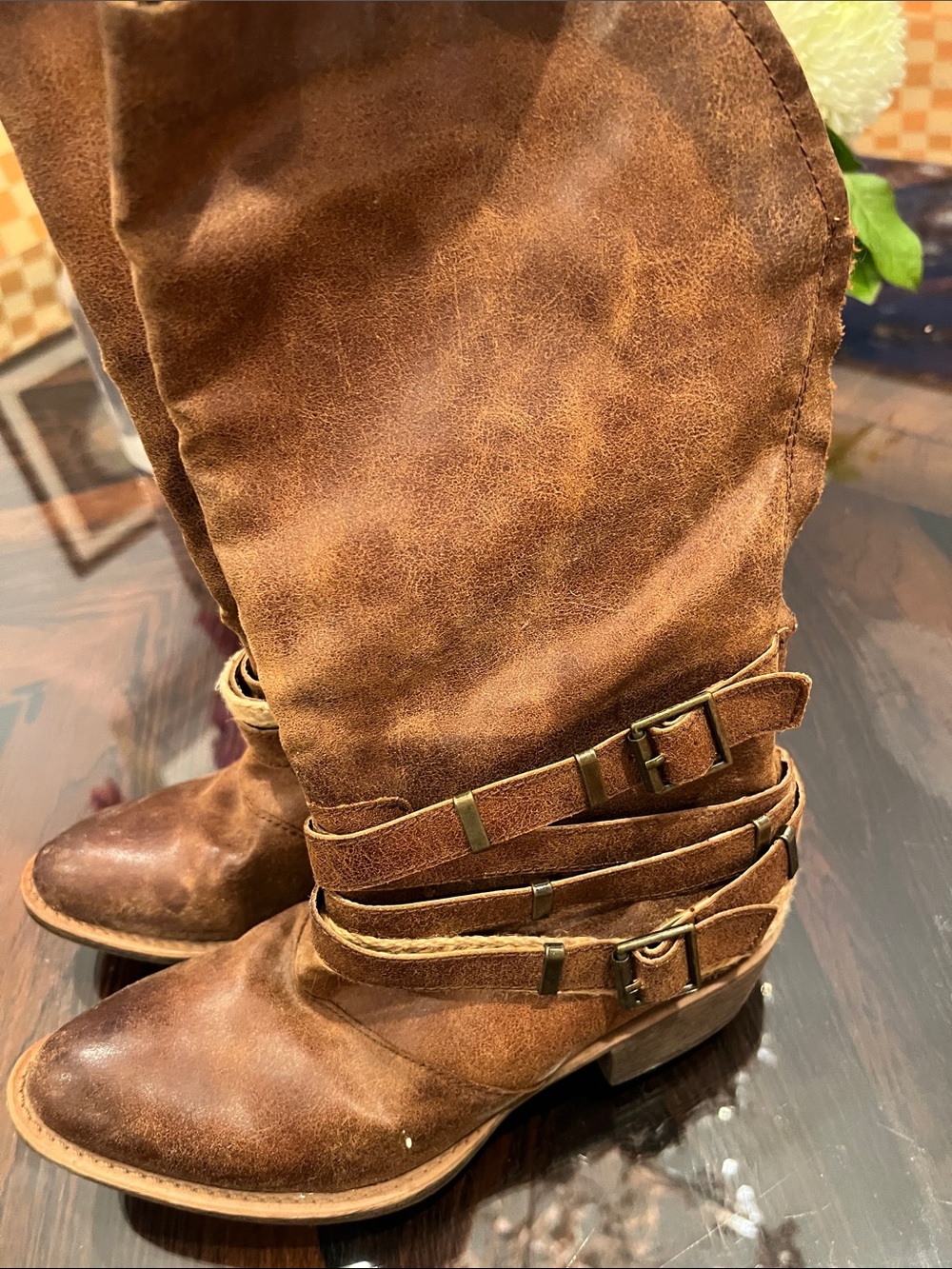 Women's Brown Slouchy Buckle Strap Heeled Boots